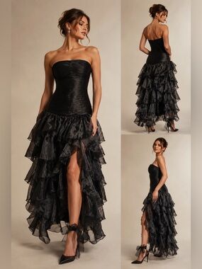 Black Strapless Tiered Ruffles Cocktail Goddess Size 14 Dramatic Formal Glam